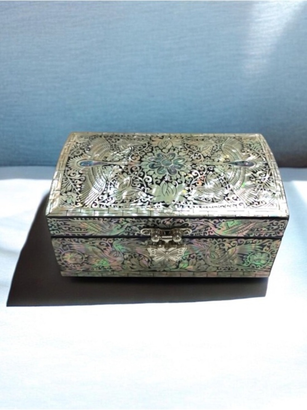 Mother of Pearl Jewelry Box: Crane Pattern Wood Storage